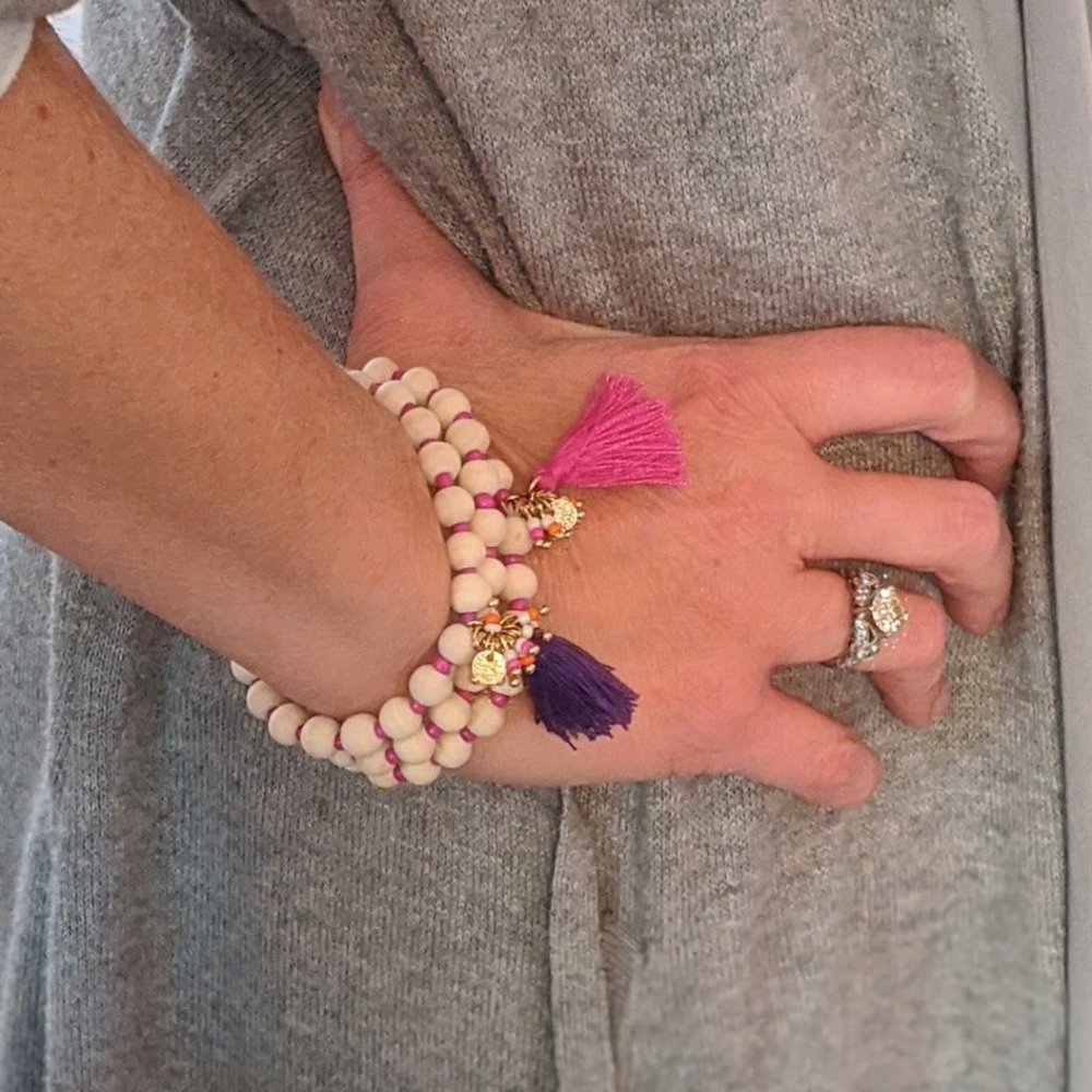 2/$18 NWOT Tassels & Charms White Wood Bracelets